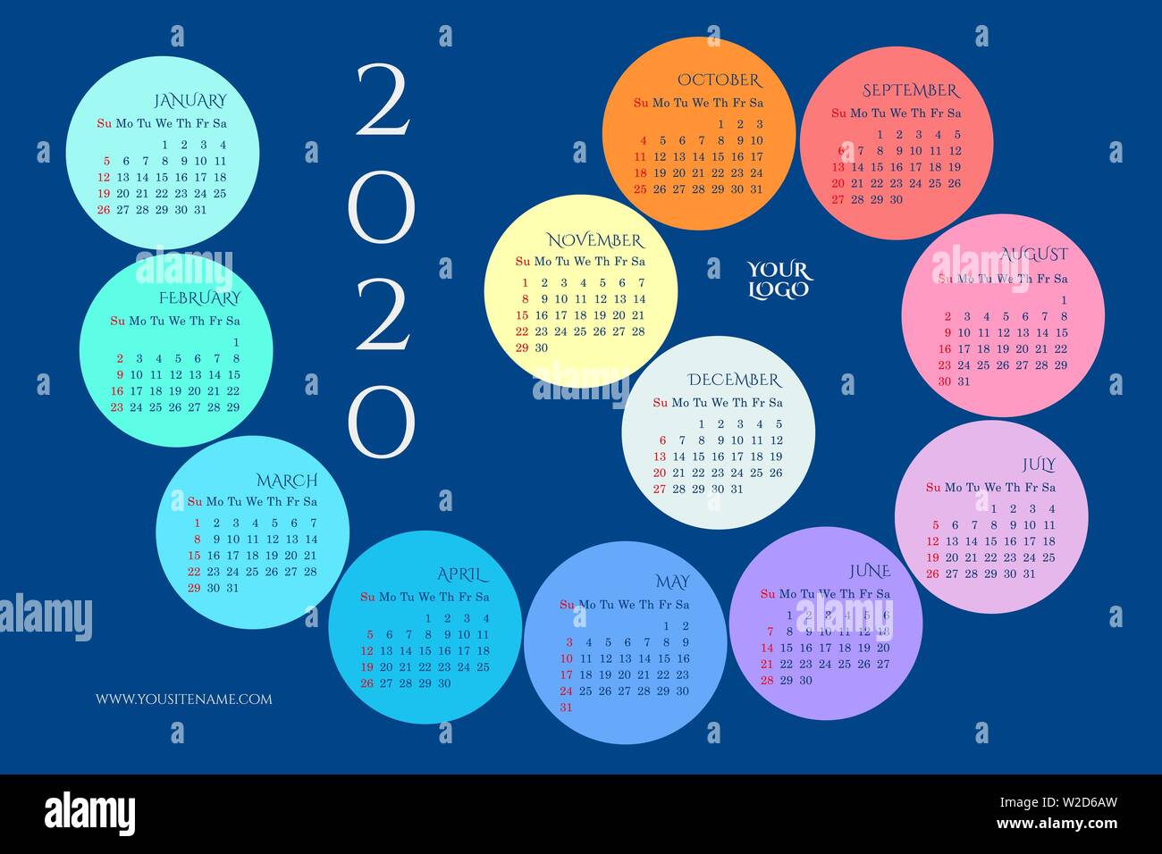 Calendario da parete 2020 a forma di spirale con rainbow mesi, i giorni della settimana. Settimana comincia la domenica. La domenica ha evidenziato in rosso. Spazio per il logo Illustrazione Vettoriale