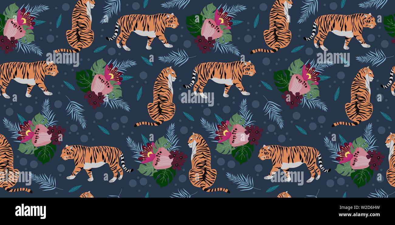 Seamless pattern orizzontale con il cartoon tigri e fiori tropicali e foglie. Alla moda stile piatto. Illustrazione Vettoriale Illustrazione Vettoriale