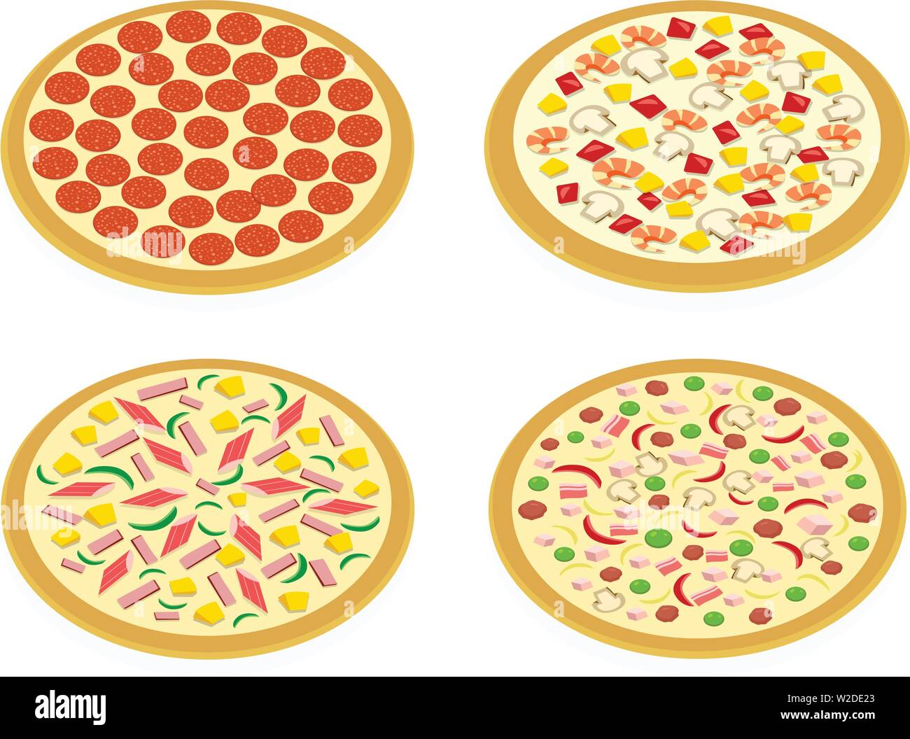 Vista prospettica Set di pizza su bianco, vector art design Illustrazione Vettoriale