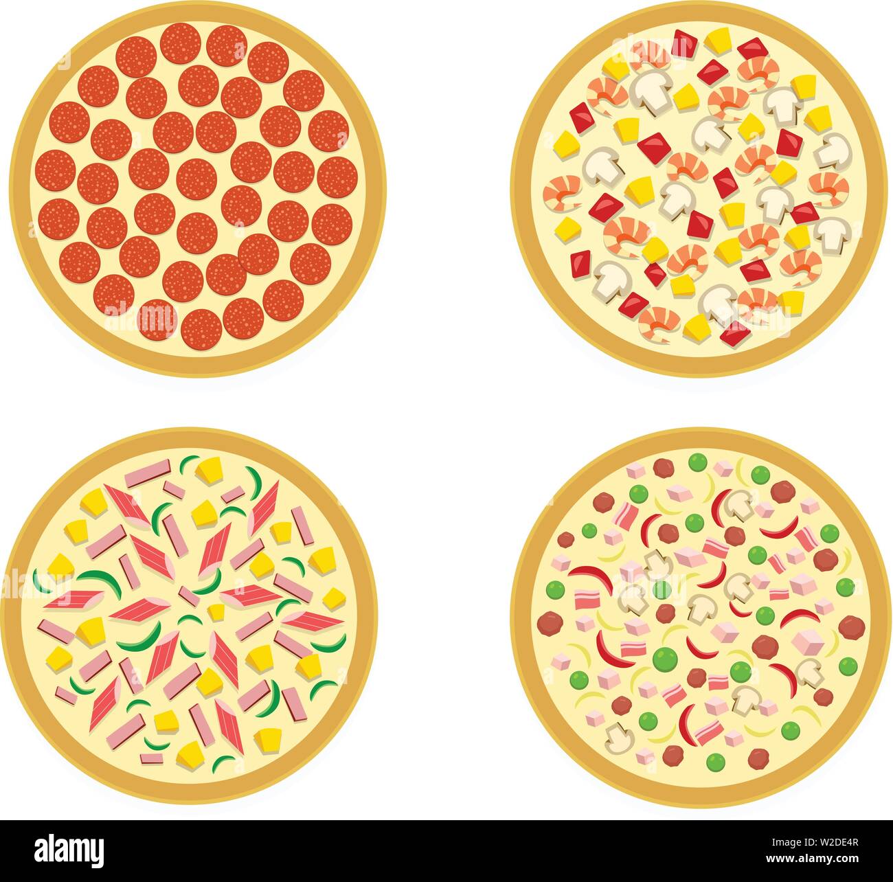 Vista superiore, Set di pizza italiana su bianco, arte vettoriale Illustrazione Vettoriale