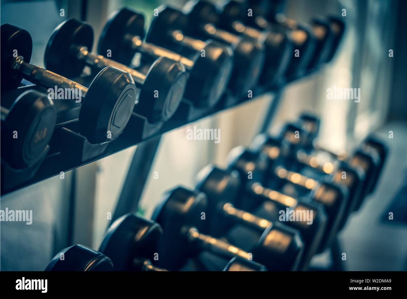 Nero set di manubri. Chiudere molti pesi di metallo sulla cremagliera in sport centro fitness , Peso attrezzature di formazione del concetto. Foto Stock