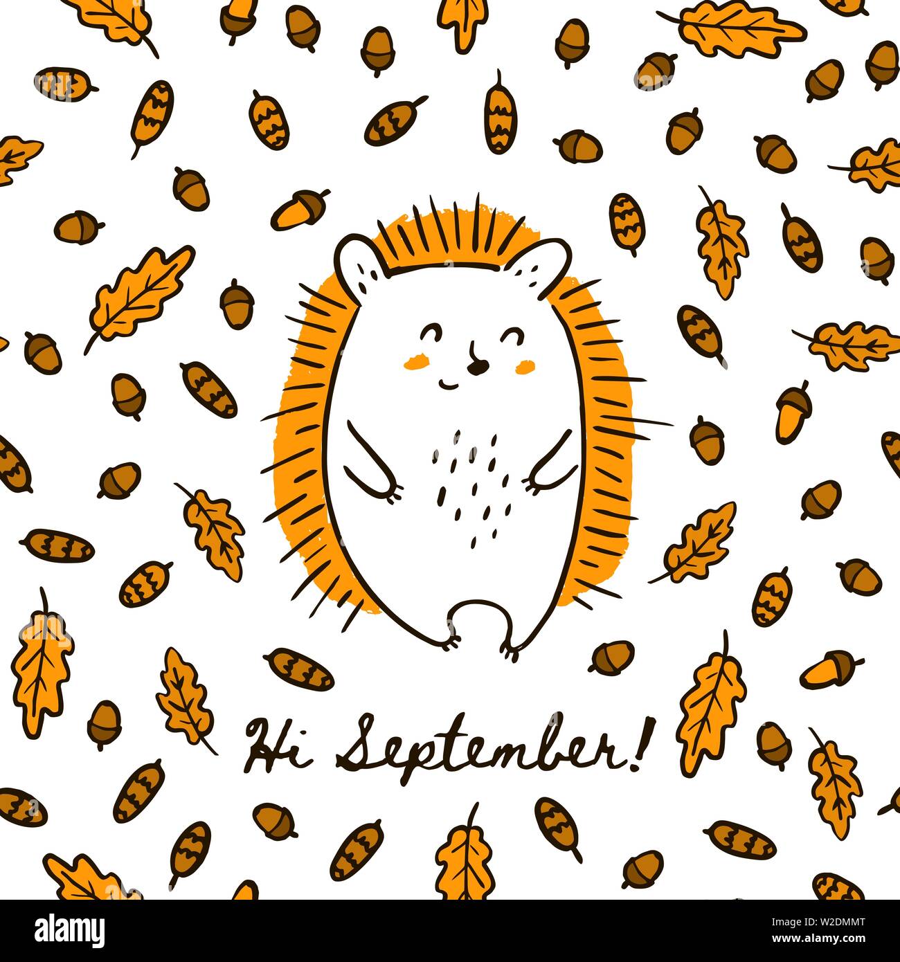 Carino autunno disegnare a mano riccio su Seamless Pattern del Acorn foglie e coni. Sfondo vettoriale animale della foresta con la scritta Ciao Se Illustrazione Vettoriale