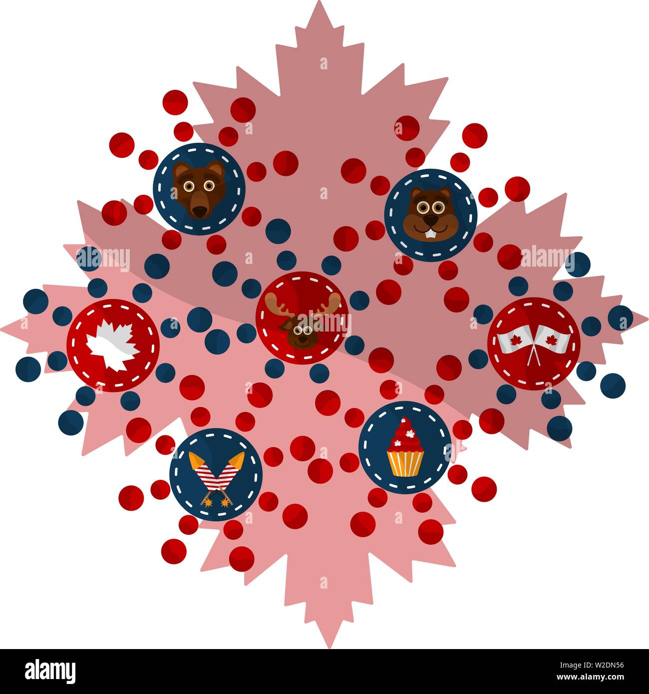 Canada maple leaf con diversi oggetti collegati. Canada giorno - Vettore Illustrazione Vettoriale