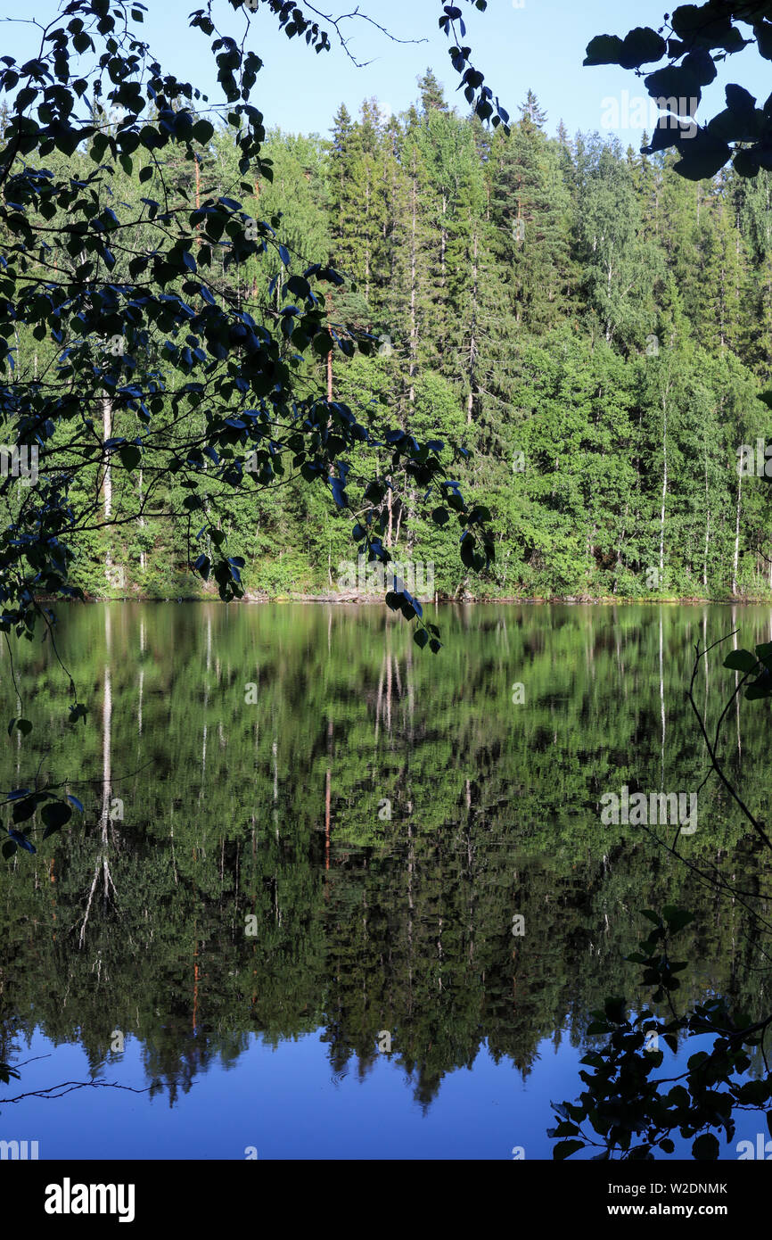 La riflessione su di un lago calmo in Piilolammi attività ricreative all'aperto massa in Hyvinkää, Finlandia Foto Stock