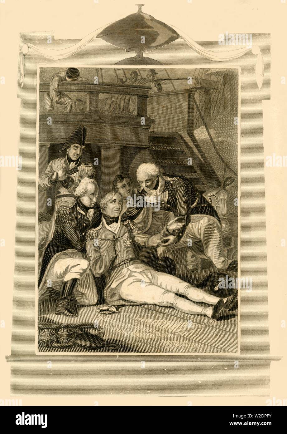 'Ammiraglio Lord Nelson mortallly feriti su la vittoria nella battaglia di Trafalgar', (1805), 1816. Creatore: sconosciuto. Foto Stock