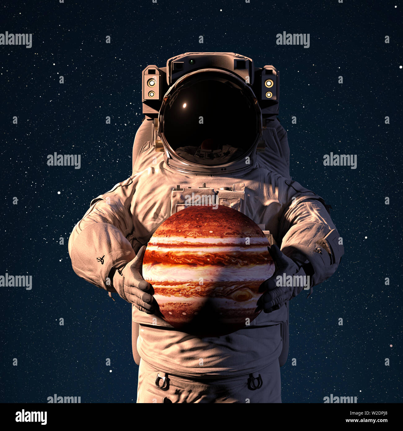 Astronauta tenendo il pianeta Giove, mondo del sistema solare (spazio 3D illustrazione, gli elementi di questa immagine sono arredate dalla NASA) Foto Stock