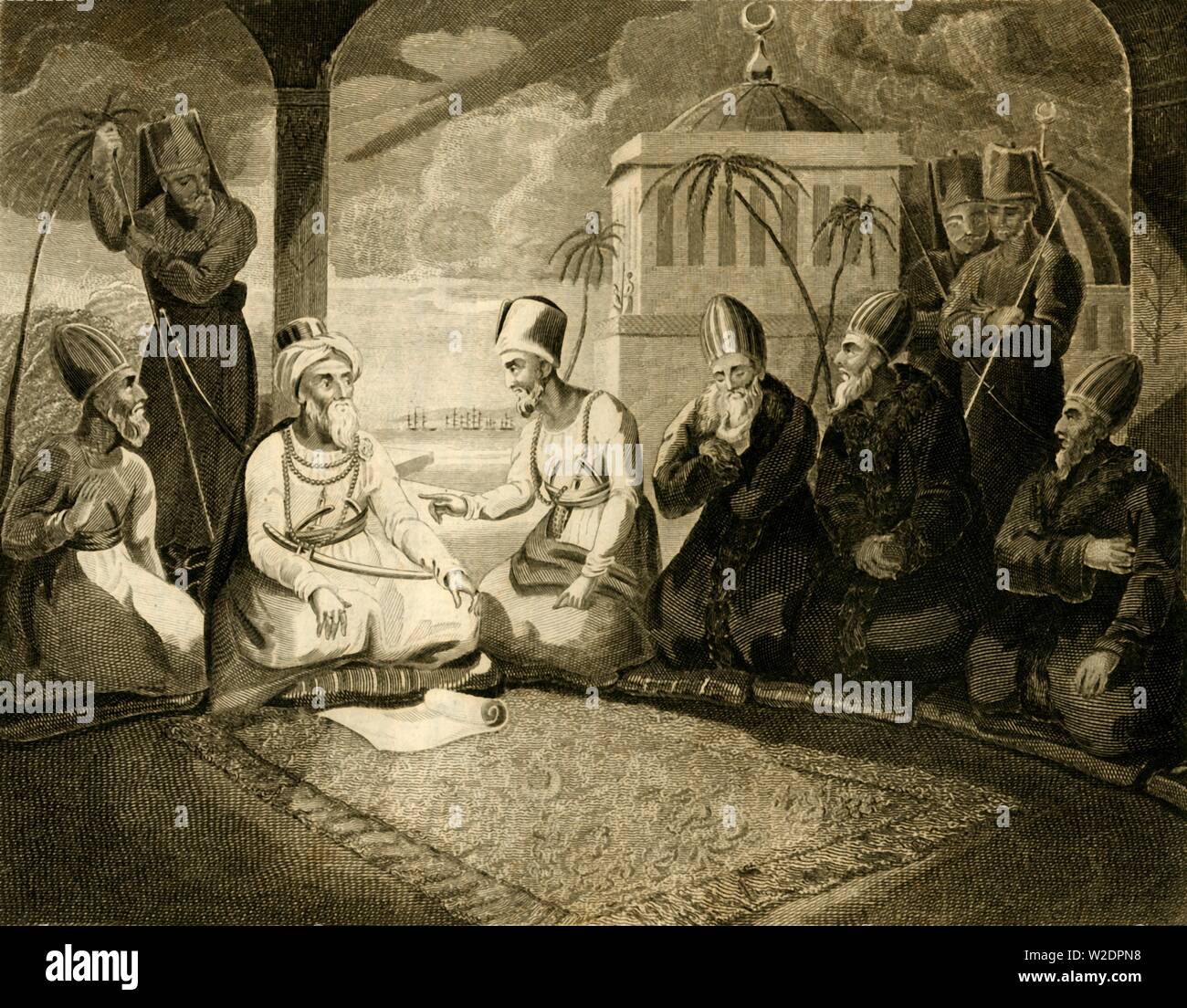 'Il Dey di Algeri consultando il suo consiglio sull'arrivo della flotta inglese", 1816. Creatore: sconosciuto. Foto Stock