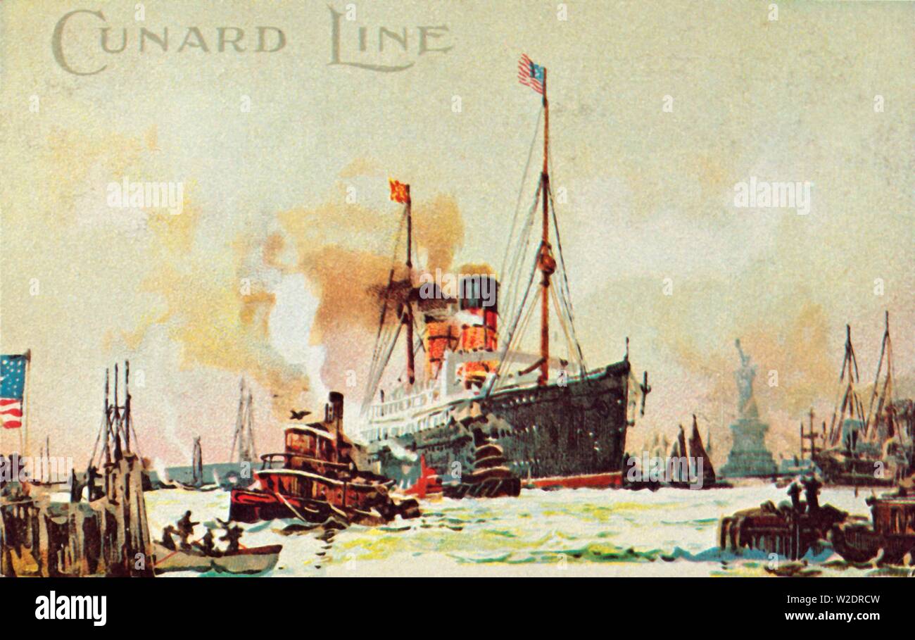 Un Cunard occean liner entra nel fiume del nord di New York City, Stati Uniti d'America, c1900. Creatore: sconosciuto. Foto Stock