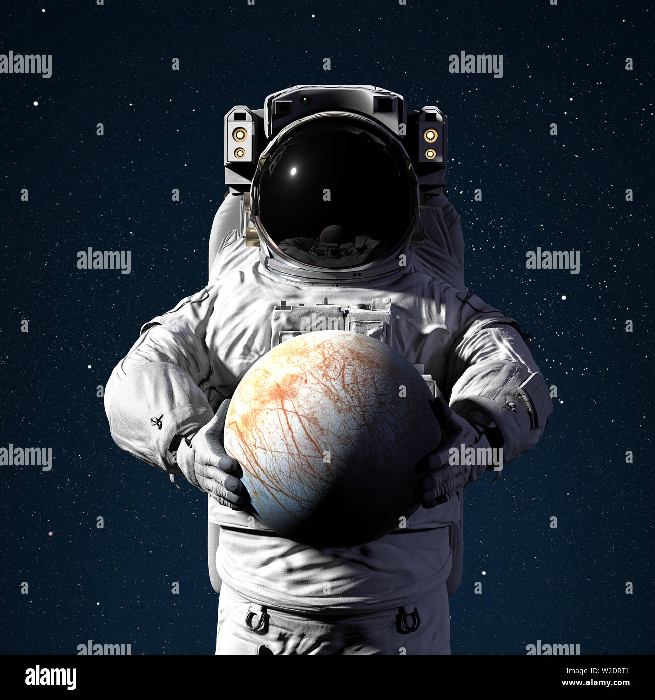 Astronauta holding pianeta luna di Giove Europa, mondo del sistema solare (spazio 3D illustrazione, gli elementi di questa immagine sono arredate dalla NASA) Foto Stock