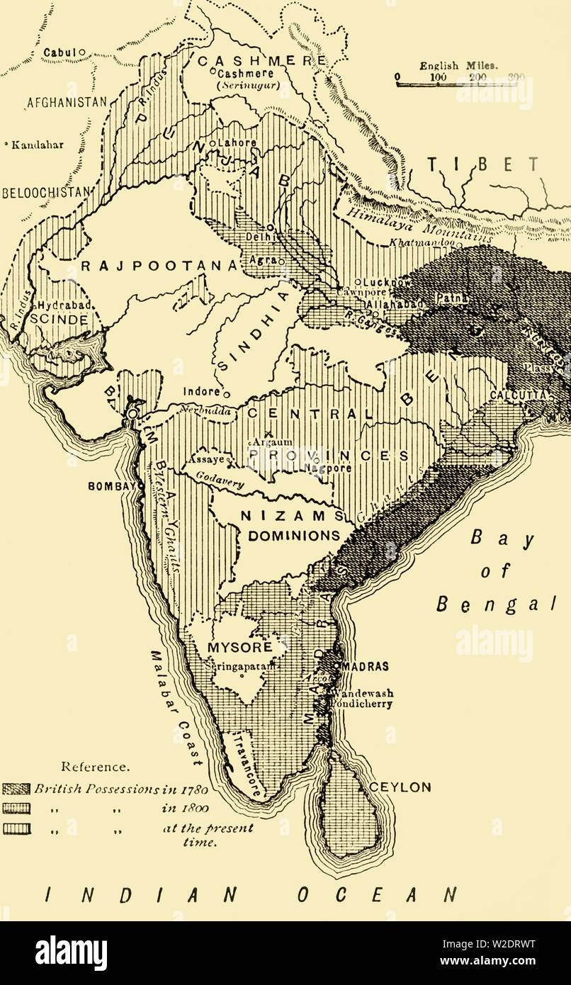 'Map di India, mostrando il British possedimenti nel 1780,1800 e al tempo presente", 1890. Creatore: sconosciuto. Foto Stock