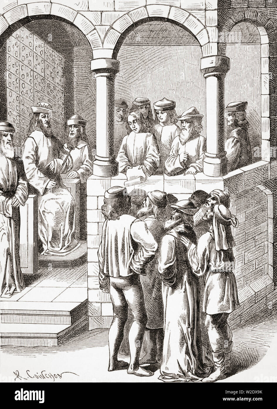 La promulgazione di un editto. Copia di una miniatura in un quindicesimo secolo manoscritto, Anciennetes des Juifs Foto Stock