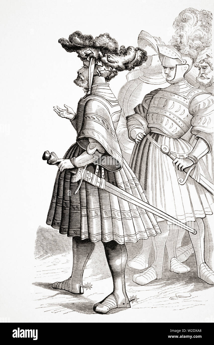 Cavalieri tedeschi del XV secolo da una piastra in 'vita dell'Imperatore Maxmilian" incise da Burgmayer dai disegni del Albert Durer Foto Stock