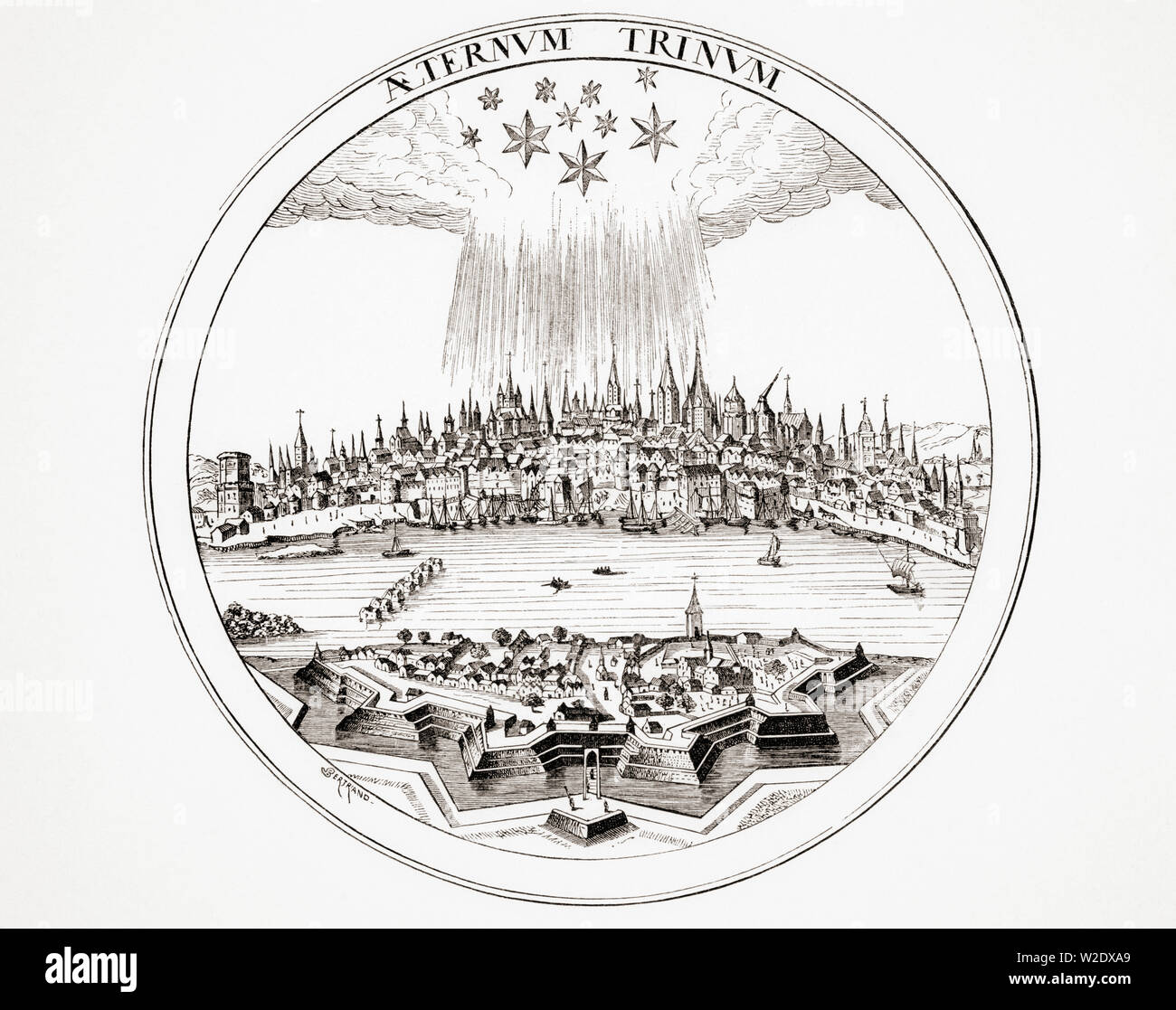 Vista di Colonia nel XVI secolo da una incisione su rame in P. Bertius il Theatrum Geographicum. Le tre stelle di grandi dimensioni può rappresentare la Santissima Trinità e le sette più piccoli gli elettori dell'Impero Foto Stock