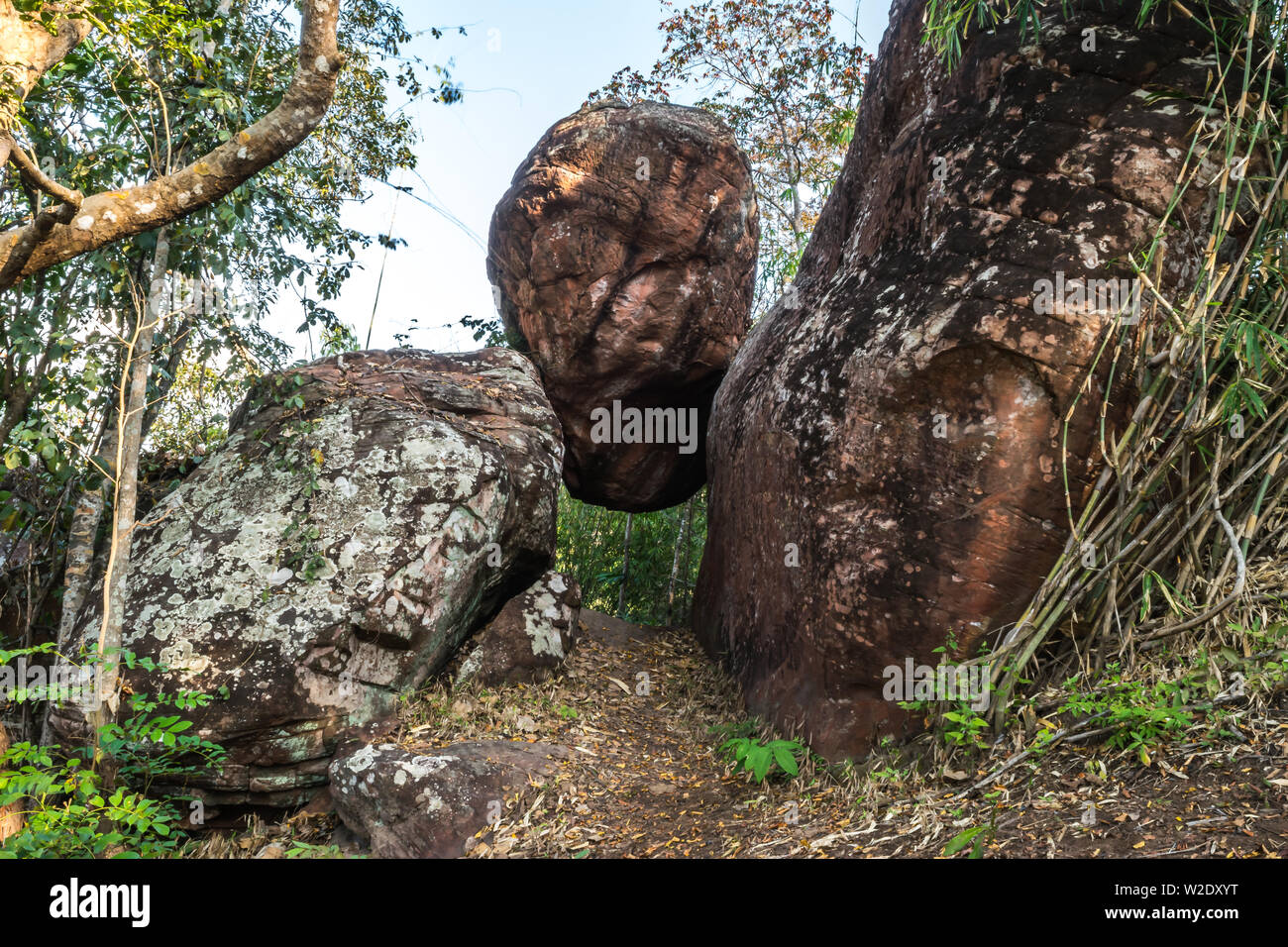 La vista iconica del gigante rock di Phu Taopong, invisibile la destinazione del distretto Dansai, Loei provincia, Thailandia con il testo tailandese dicendo che "Qui Foto Stock