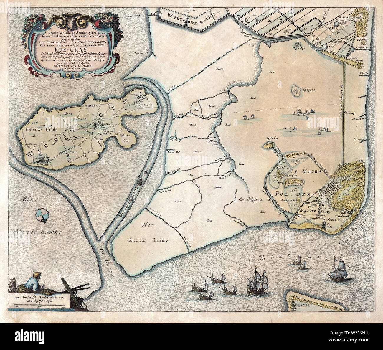 Paesi Bassi - Storia - Mappa di Koegras e Huisduinen incisione colorata di Koegras e Huisduine ca. 1641 Foto Stock