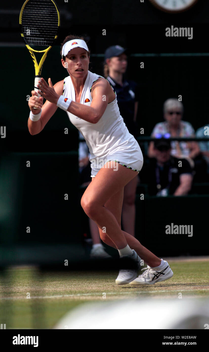 Il torneo di Wimbledon, Londra, Regno Unito. 8 Luglio, 2019. Johanna Konta durante il suo quarto round match contro Petra KVITOVA sul Centre Court di Wimbledon oggi. Kota ha vinto la partita in tre set. Credito: Adam Stoltman/Alamy Live News Foto Stock