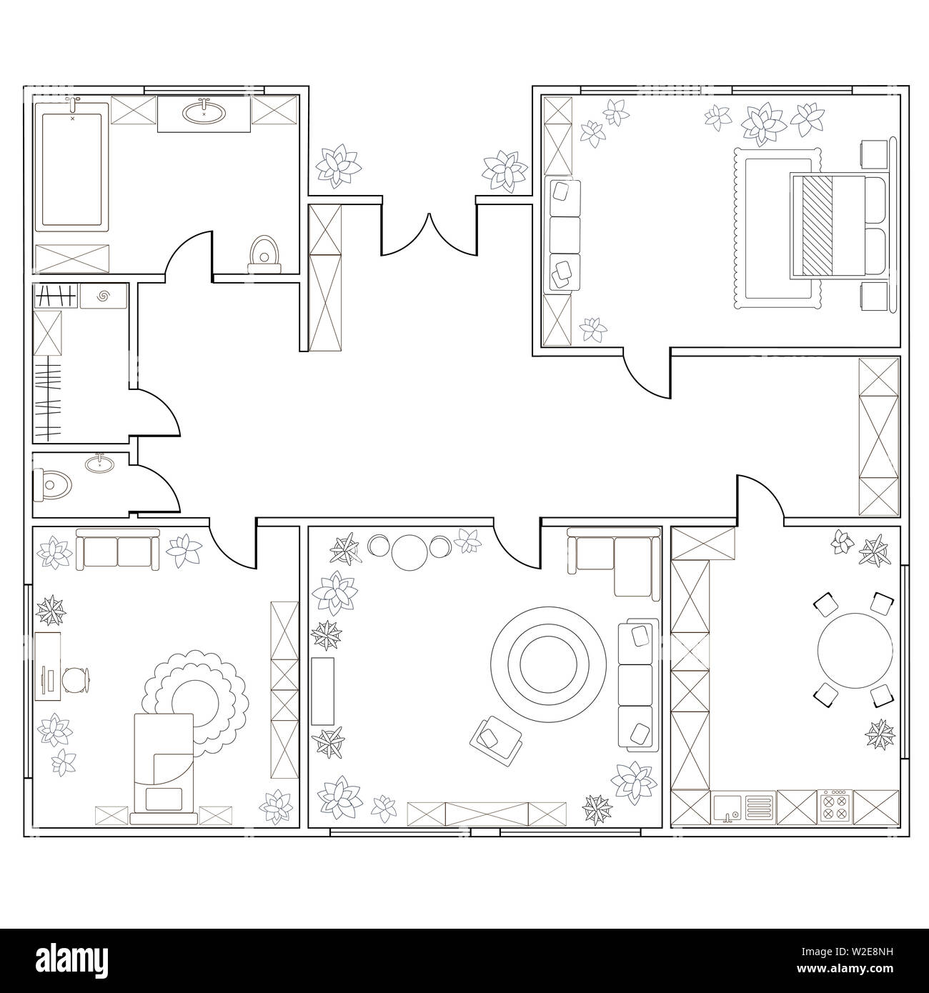 Vettore astratto piano di appartamento con due camere da letto con cucina, bagno, camera da letto, soggiorno, sala da pranzo, biblioteca. EPS8 Foto Stock