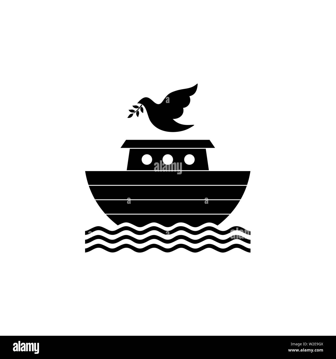 Logo dell'Arca di Noè. Colomba con un ramo di olivo. Nave per il soccorso di animali e persone dal diluvio. Racconto biblico. Illustrazione Vettoriale