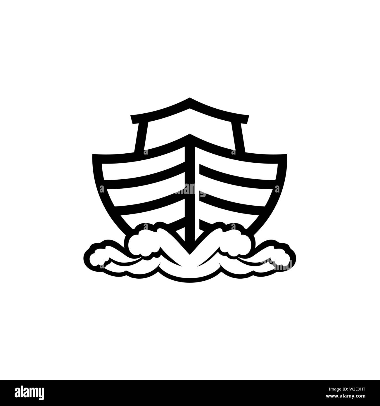 Logo dell'Arca di Noè. Colomba con un ramo di olivo. Nave per il soccorso di animali e persone dal diluvio. Racconto biblico. Illustrazione Vettoriale