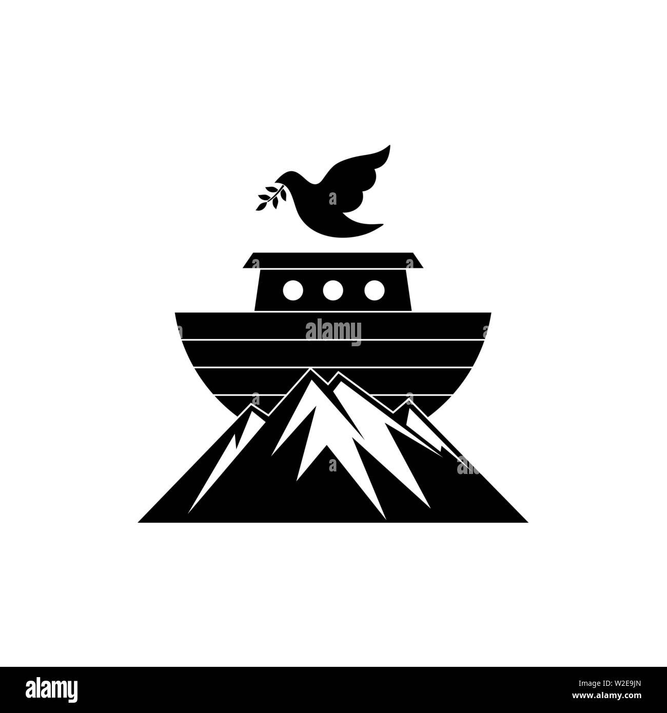 Logo dell'arca di Noè sulla cima della montagna. Colomba con un ramo di olivo. Nave per il soccorso di animali e persone dal diluvio. Racconto biblico. Illustrazione Vettoriale
