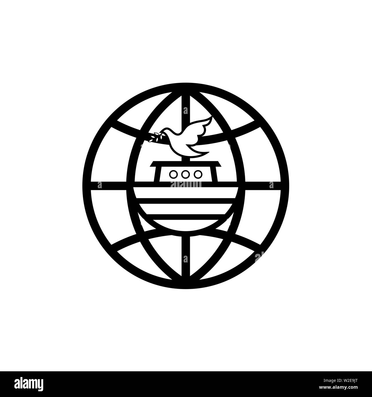 Logo dell'Arca di Noè. Colomba con un ramo di olivo. Nave per il soccorso di animali e persone dal diluvio. Racconto biblico. Illustrazione Vettoriale