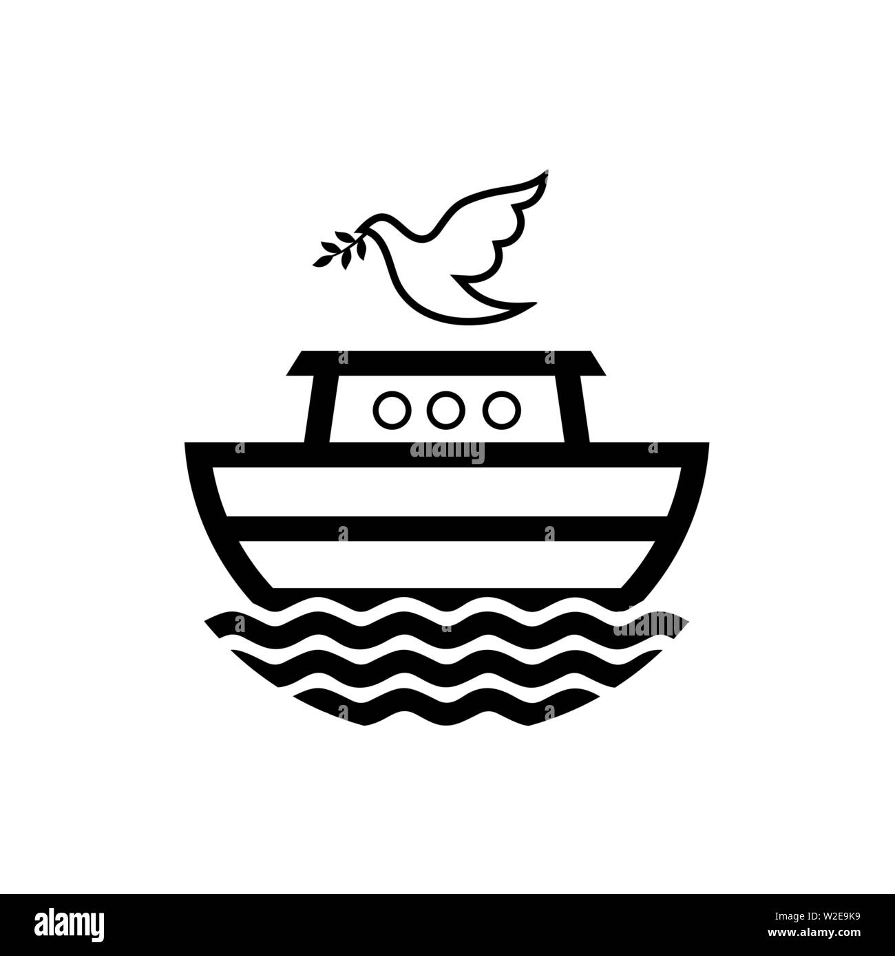 Logo dell'Arca di Noè. Colomba con un ramo di olivo. Nave per il soccorso di animali e persone dal diluvio. Racconto biblico. Illustrazione Vettoriale