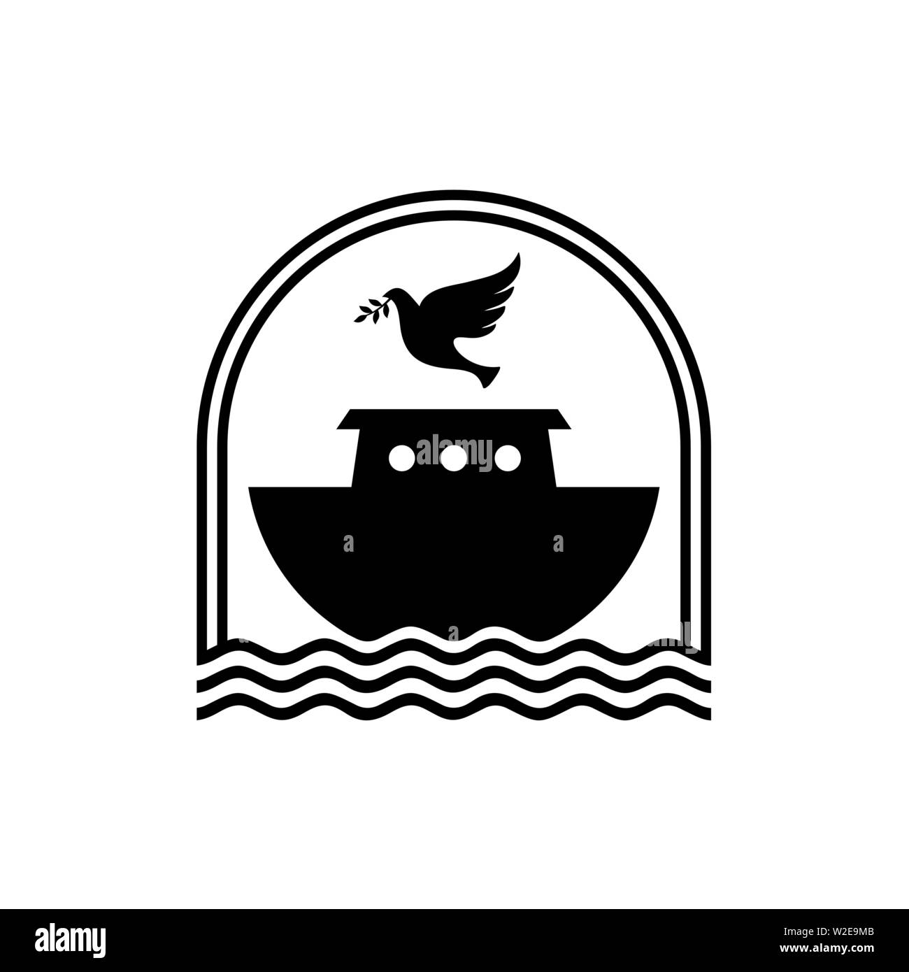 Logo dell'Arca di Noè. Colomba con un ramo di olivo. Nave per il soccorso di animali e persone dal diluvio. Racconto biblico. Illustrazione Vettoriale