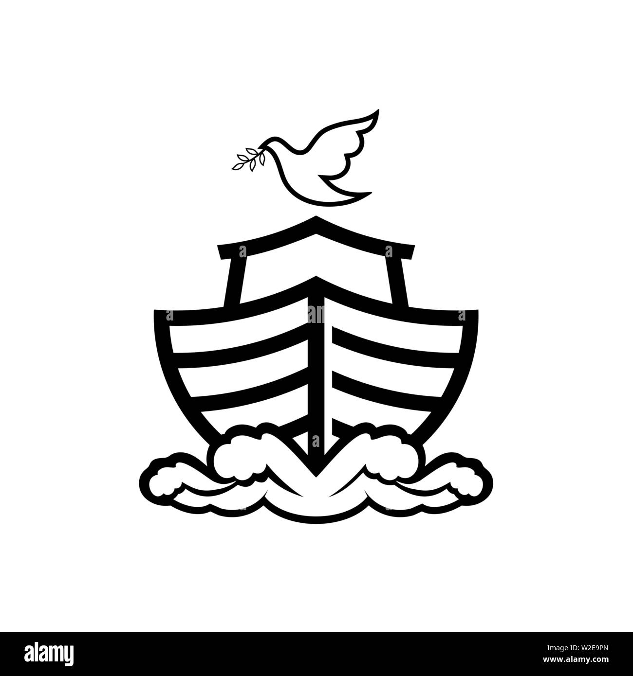 Logo dell'Arca di Noè. Colomba con un ramo di olivo. Nave per il soccorso di animali e persone dal diluvio. Racconto biblico. Illustrazione Vettoriale