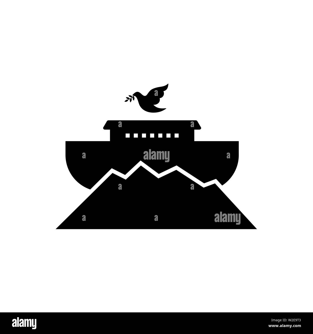 Logo dell'arca di Noè sulla cima della montagna. Colomba con un ramo di olivo. Nave per il soccorso di animali e persone dal diluvio. Racconto biblico. Illustrazione Vettoriale