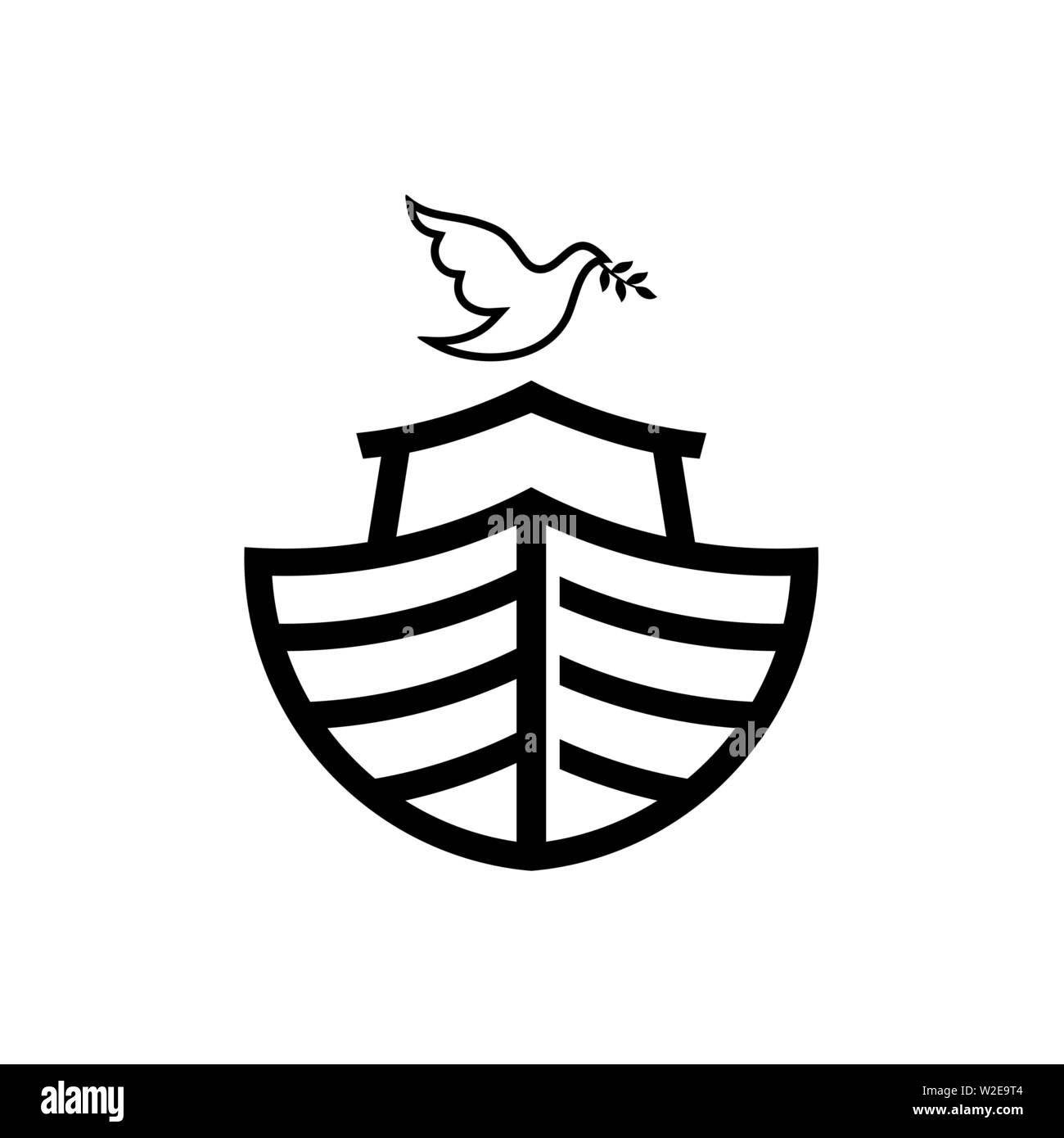 Logo dell'Arca di Noè. Colomba con un ramo di olivo. Nave per il soccorso di animali e persone dal diluvio. Racconto biblico. Illustrazione Vettoriale