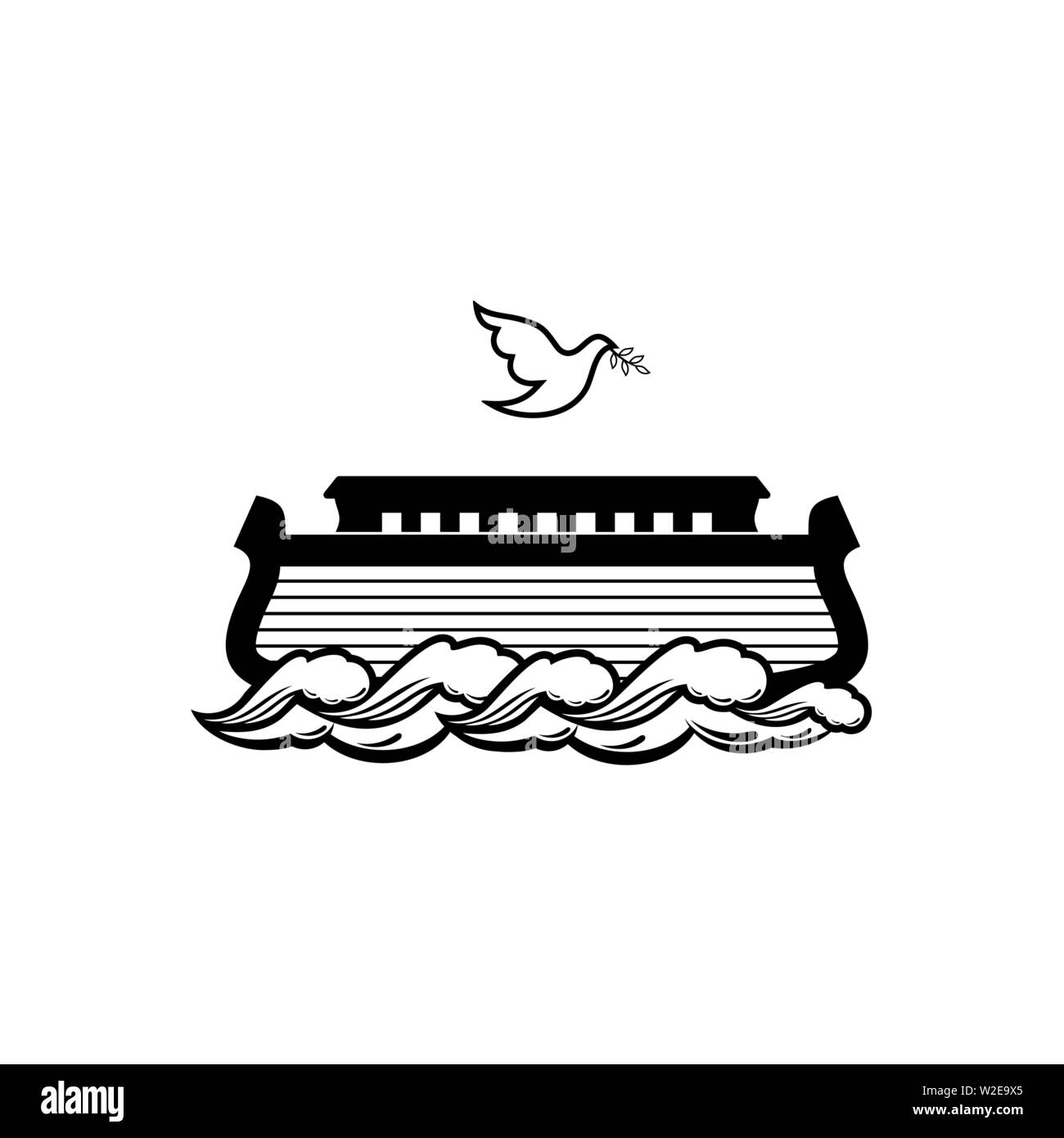 Logo dell'Arca di Noè. Colomba con un ramo di olivo. Nave per il soccorso di animali e persone dal diluvio. Racconto biblico. Illustrazione Vettoriale