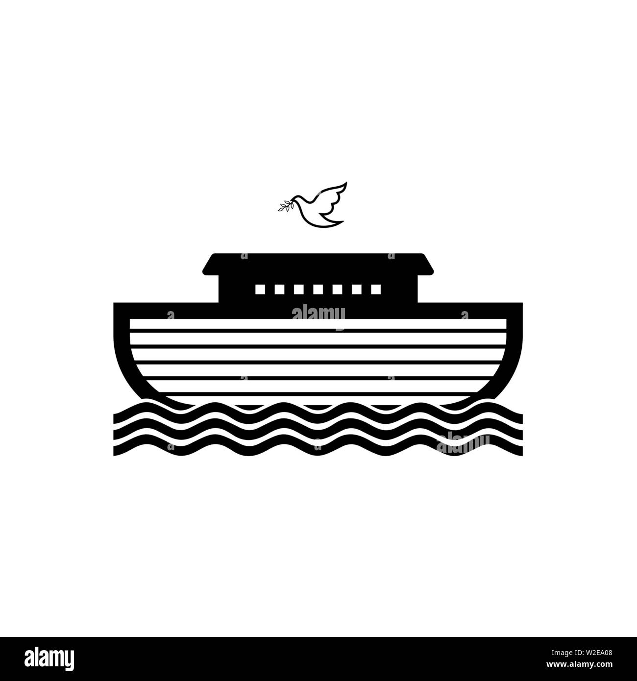 Logo dell'Arca di Noè. Colomba con un ramo di olivo. Nave per il soccorso di animali e persone dal diluvio. Racconto biblico. Illustrazione Vettoriale