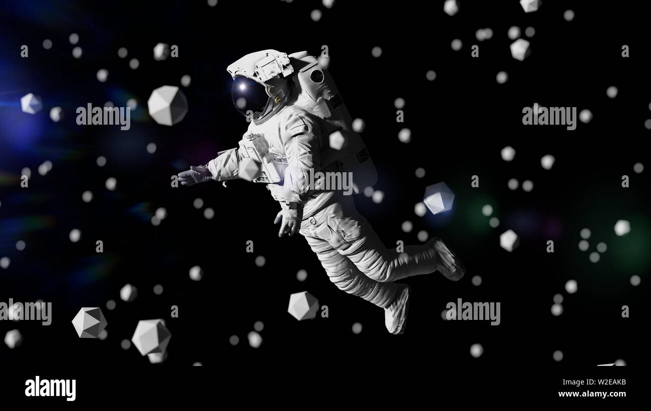 Astronauta battenti tra oggetti geometrici (spazio 3d'illustrazione) Foto Stock