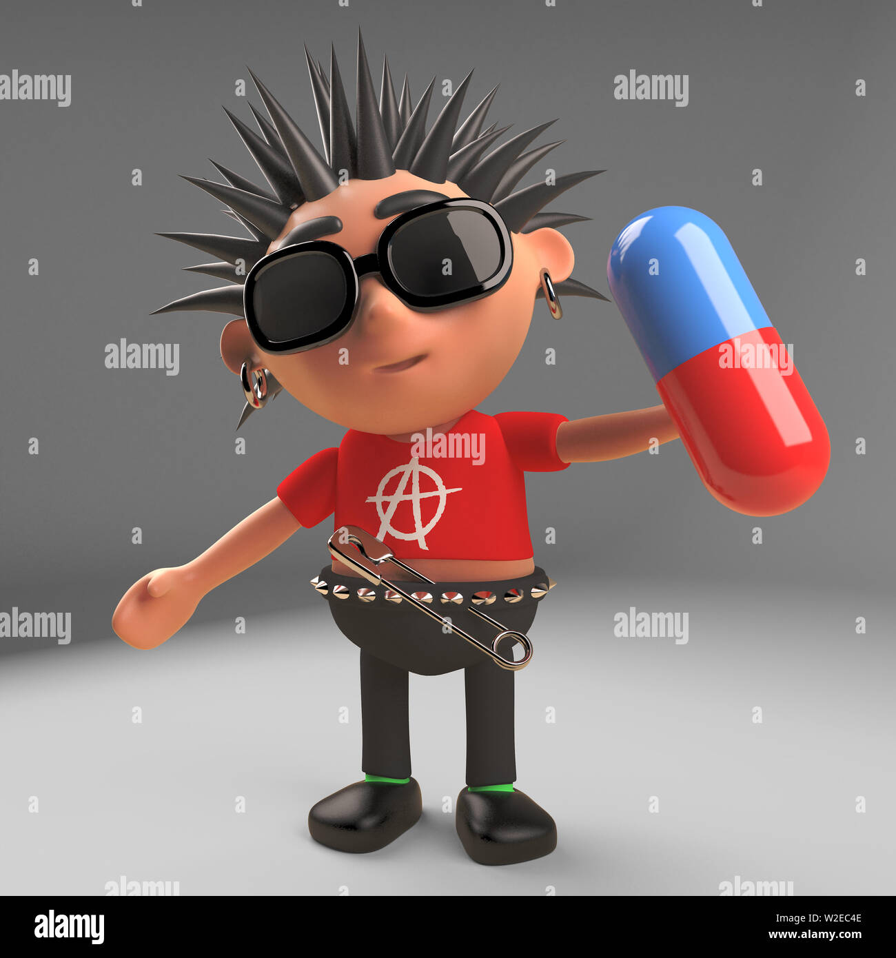 Crazy punk rock personaggio dei fumetti tenendo una pillola di medicina, 3D render illustrazione Foto Stock