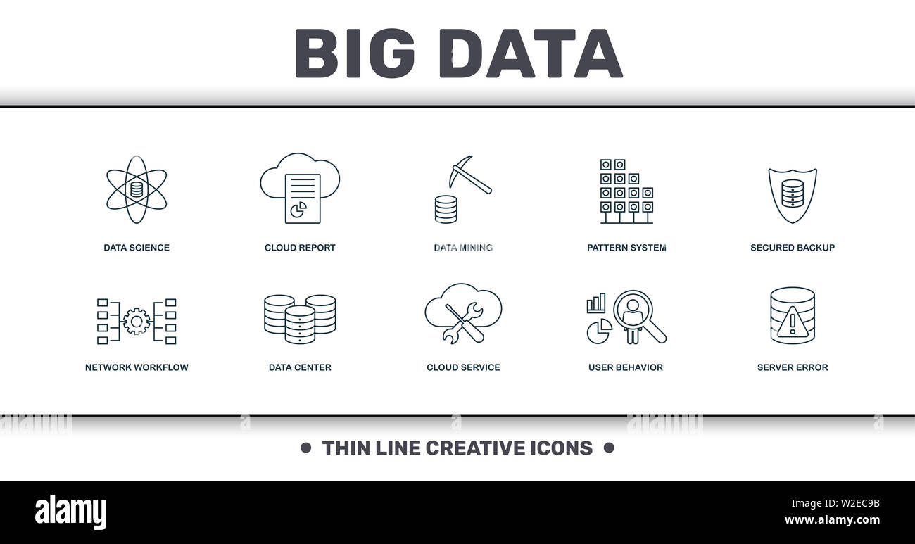 Grandi set di dati raccolta di icone. Include elementi semplici come i dati della scienza, Relazione Cloud, Data Mining, Pattern Sistema, fissato il backup del data center Foto Stock