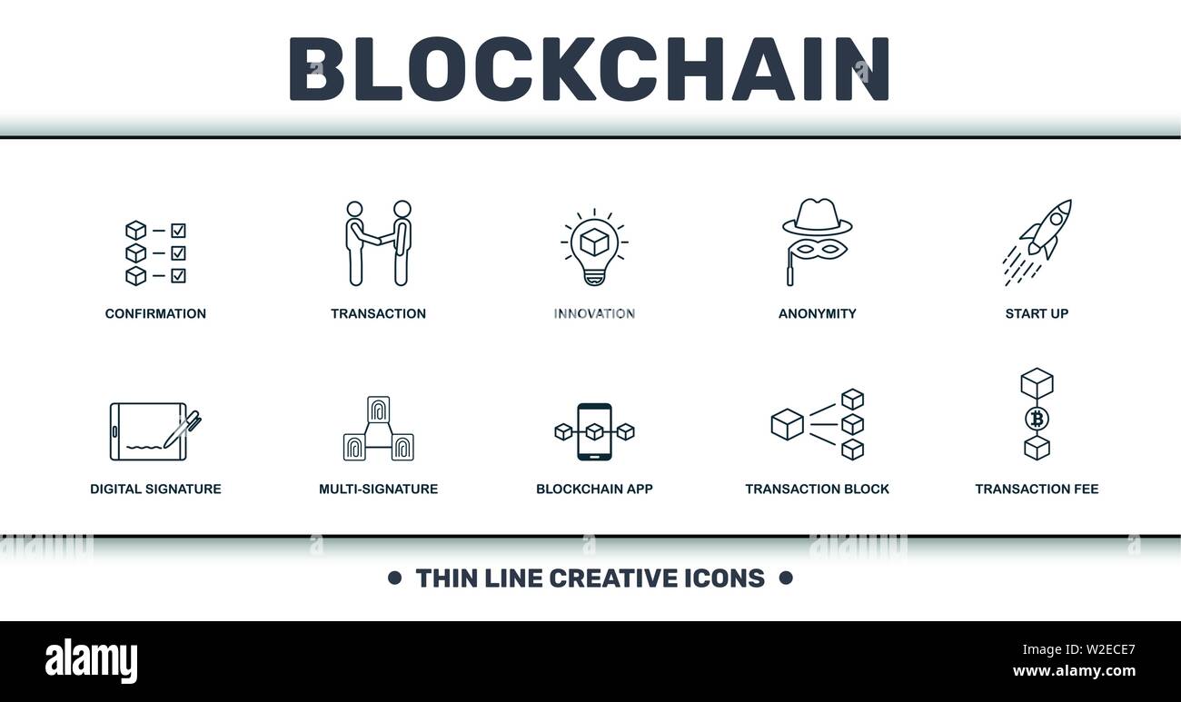 Set Blockchain raccolta di icone. Include elementi semplici come ad esempio la conferma, la transazione, innovazione, l'anonimato, Start Up, Multi-Signature e Illustrazione Vettoriale