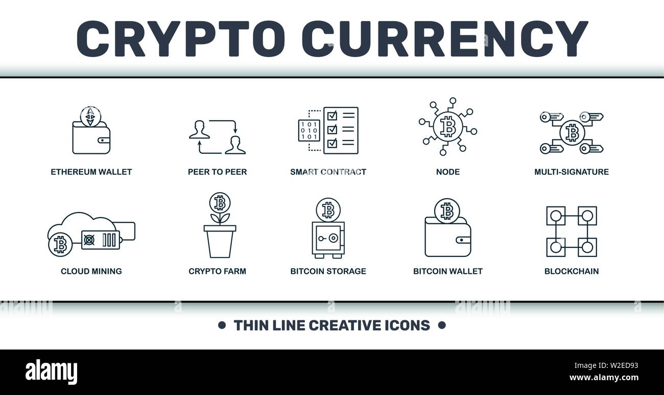 Crypto Currency Icons raccolta di set di linee sottili. Include elementi creativi come portafoglio etereo, peer-to-peer, contratto intelligente, nodo, multi Illustrazione Vettoriale