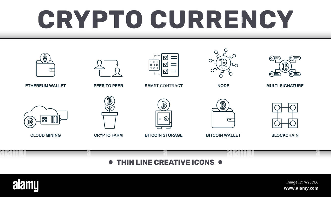 Crypto Currency Icons raccolta di set di linee sottili. Include elementi creativi come portafoglio etereo, peer-to-peer, contratto intelligente, nodo, multi Foto Stock