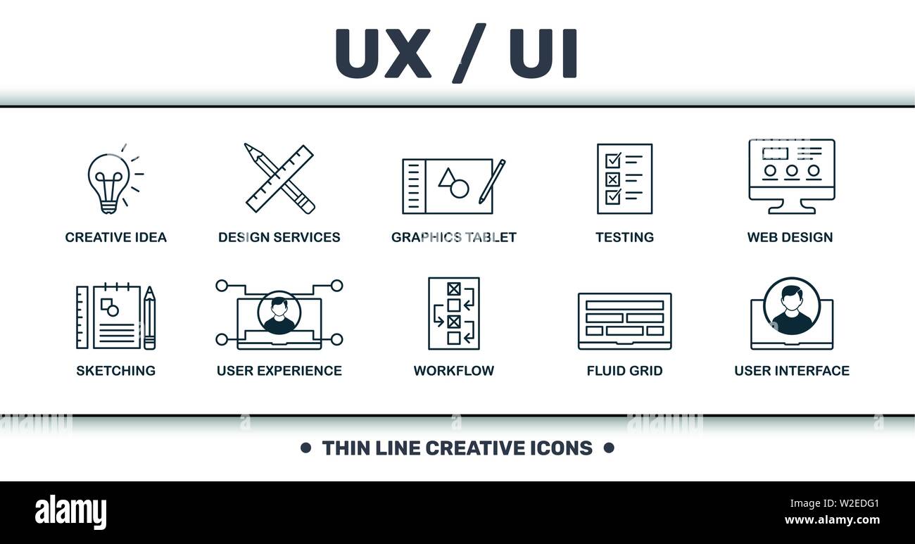 Design e interfaccia utente Ux impostare raccolta di icone. Include semplici elementi quali servizi di progettazione grafica, Tablet, test Web Design , Arte Digitale, flusso di lavoro Illustrazione Vettoriale