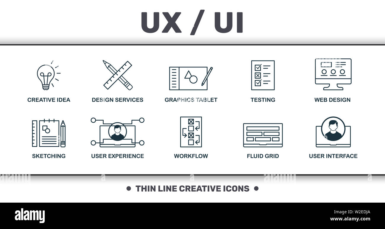 Design e interfaccia utente Ux impostare raccolta di icone. Include semplici elementi quali servizi di progettazione grafica, Tablet, test Web Design , Arte Digitale, flusso di lavoro Foto Stock