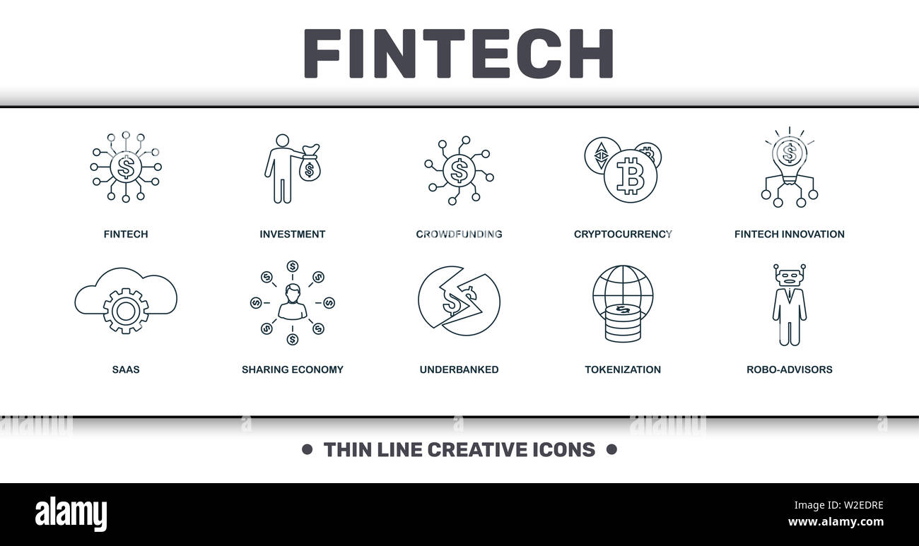 Set di Fintech raccolta di icone. Include elementi semplici come Fintech, investimenti, Crowdfunding, Cryptocurrency, Fintech innovazione, economia di condivisione Foto Stock