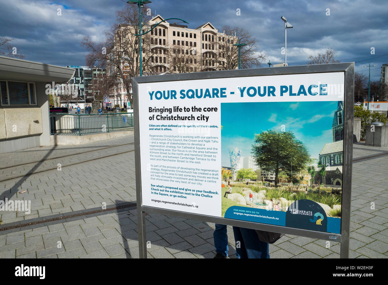 Il pannello delle informazioni in Piazza Duomo, Christchurch, Nuova Zelanda, delineando la consultazione e piani per la rigenerazione. Il quadrato, il vostro posto. Foto Stock