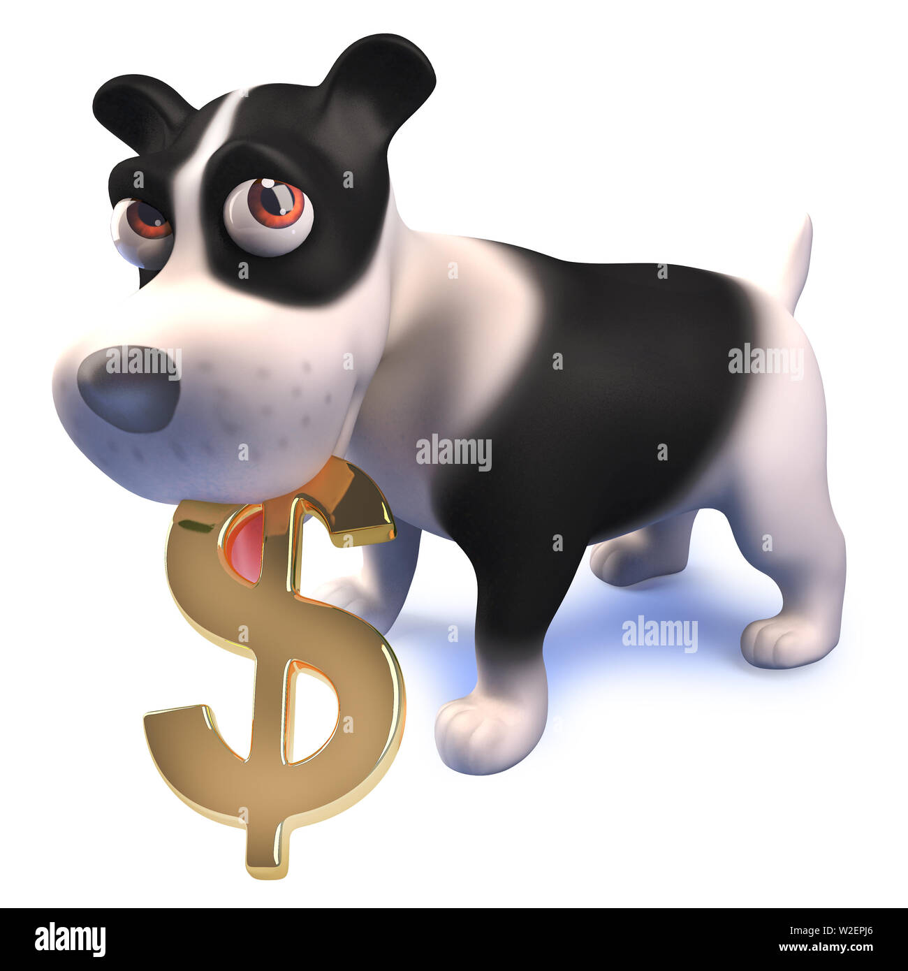 Immagine di rendering di un simpatico cartoon 3d cucciolo di cane carattere tenendo un dollaro USA il simbolo di valuta Foto Stock