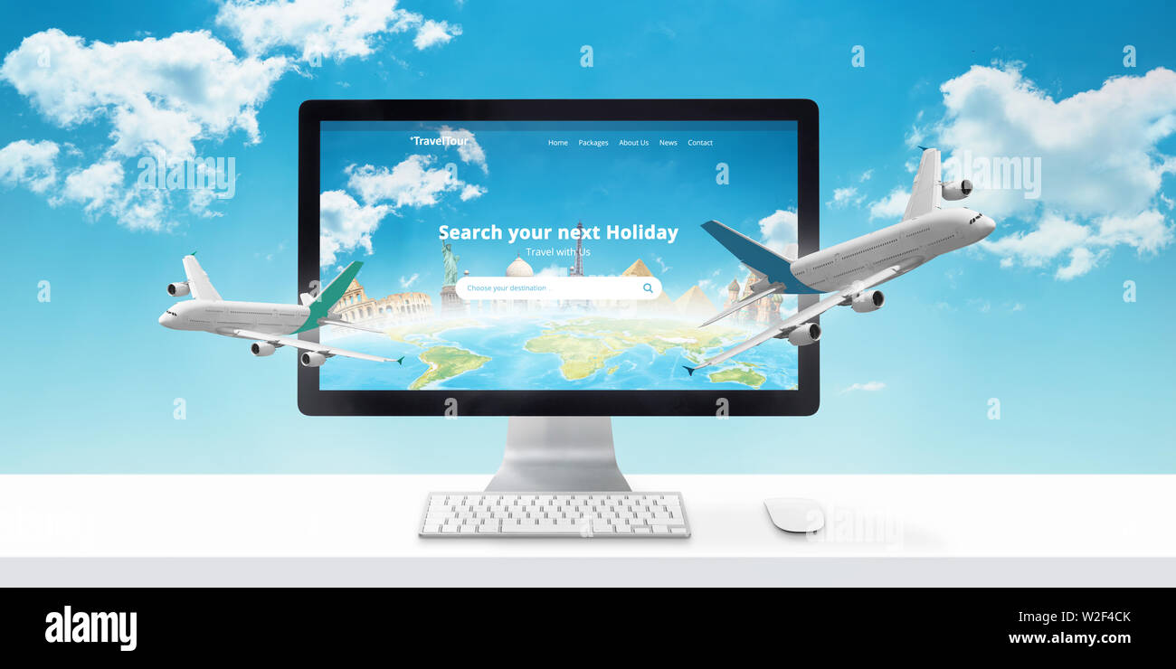 Prenotazione vacanze online. Concetto moderno di agenzia di viaggi sito web con le più famose attrazioni turistiche del mondo ed aeroplani che fuoriescono dal display. Foto Stock
