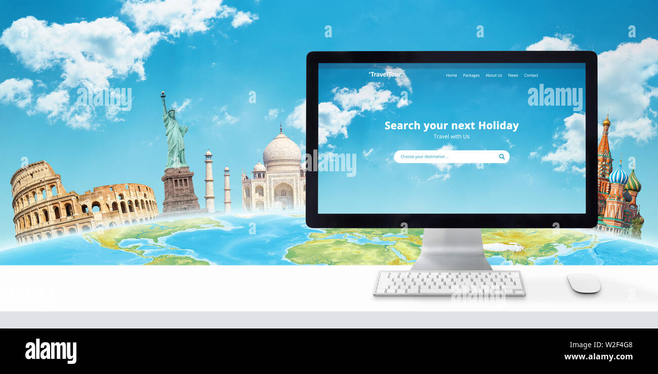 Ricerca di vacanza online concetto con un display di computer e famosi siti al mondo dietro il mondo. Foto Stock