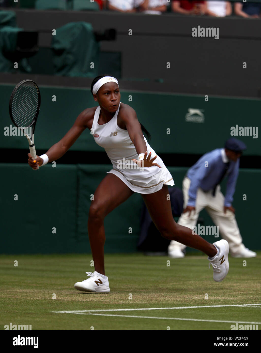 Il torneo di Wimbledon, 8 luglio 2019 - Cori Gauff durante la sua partita contro Simona Halep oggi a Wimbledon. Halep vinto ins set di destra. Foto Stock