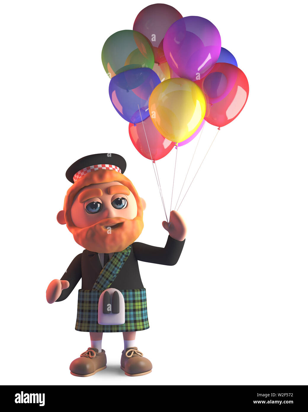 Kilt indossando uomo scozzese con party palloncini, 3D render illustrazione Foto Stock