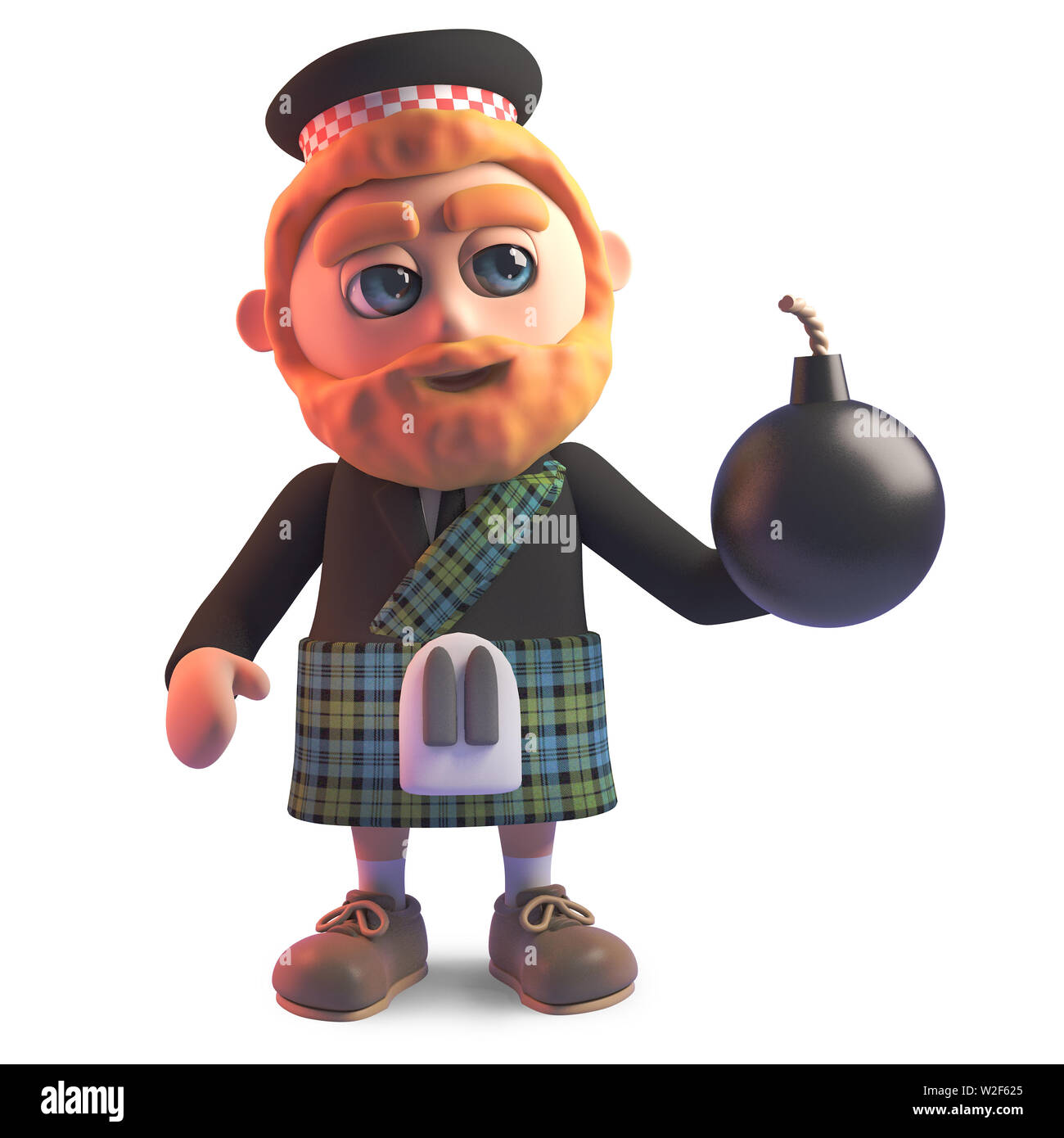 Cartoon kilt indossando gli scozzesi uomo in possesso di una bomba, 3D render illustrazione Foto Stock