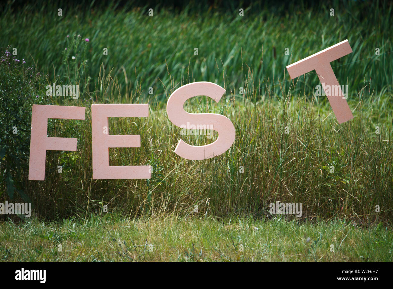 Grandi lettere della parola FEST segno che il festival è qui tenuto sullo sfondo dei canneti di canne e foresta Foto Stock