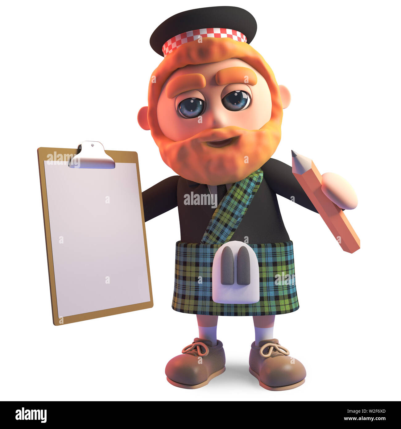 Efficiente uomo scozzese in kilt con appunti e disegni a matita, 3D render illustrazione Foto Stock